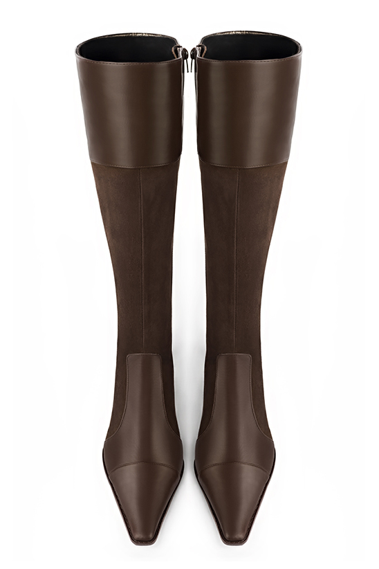 Dark brown women's riding knee-high boots. Tapered toe. Low leather soles. Made to measure. Top view - Florence KOOIJMAN